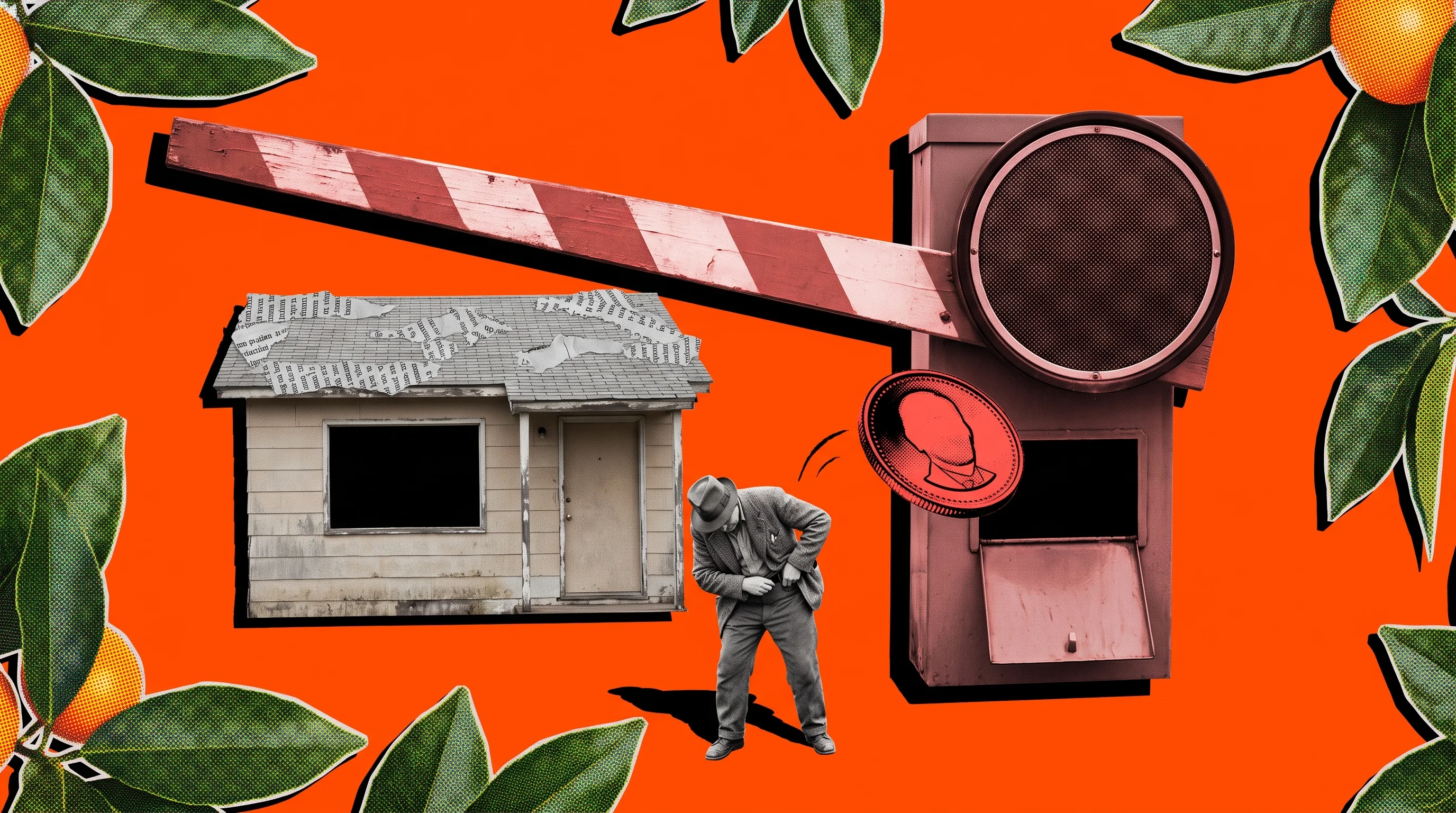 Editorial collage of an oversized blank parking meter in front of a small Orlando rental house, illustrating Orange County's fifty-dollar VAB filing fee