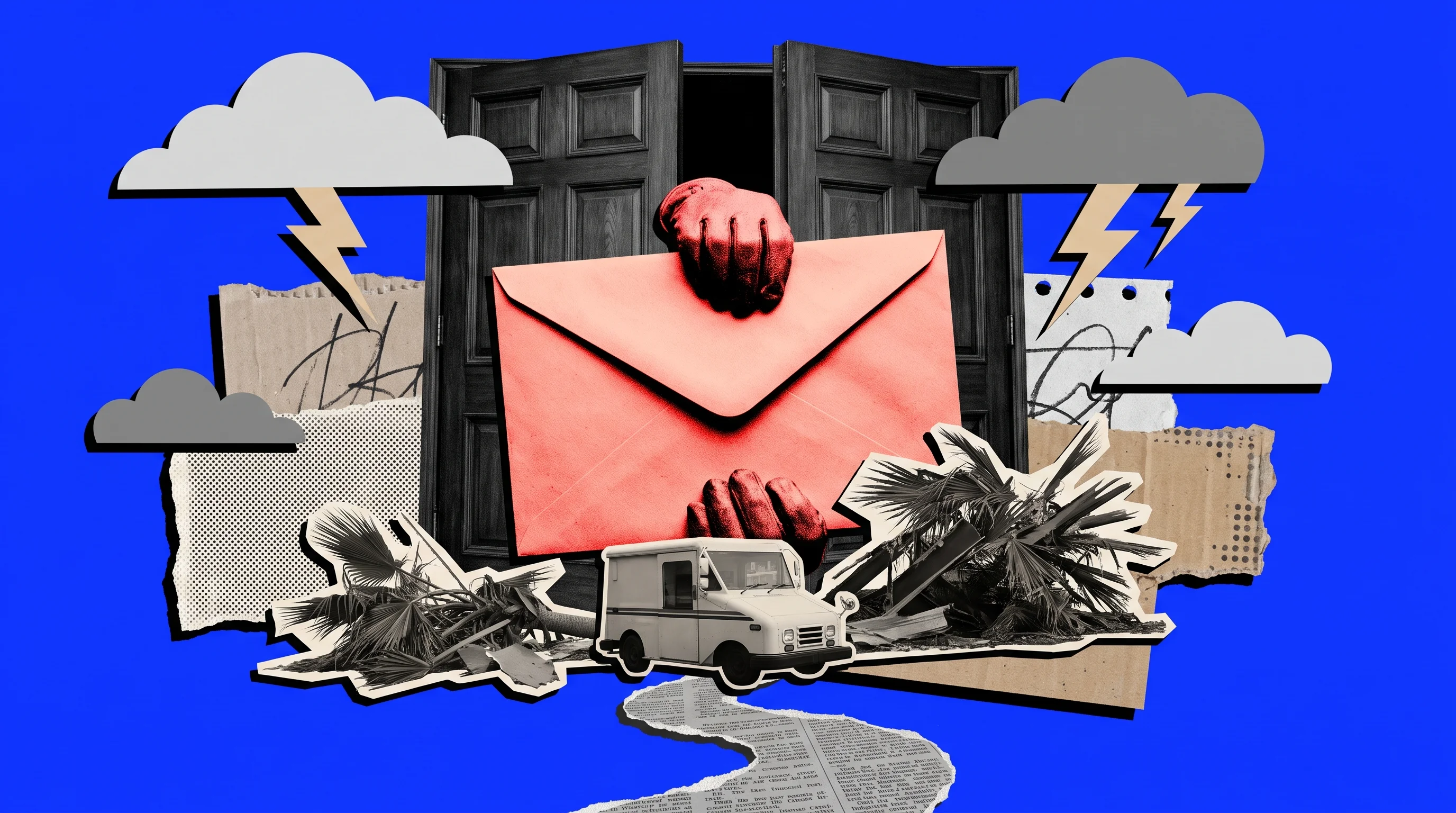 Editorial collage of a sealed envelope being handed through a closing Fort Myers courthouse door while a mail truck sits too far away, illustrating that Lee County VAB petitions must be received not just postmarked