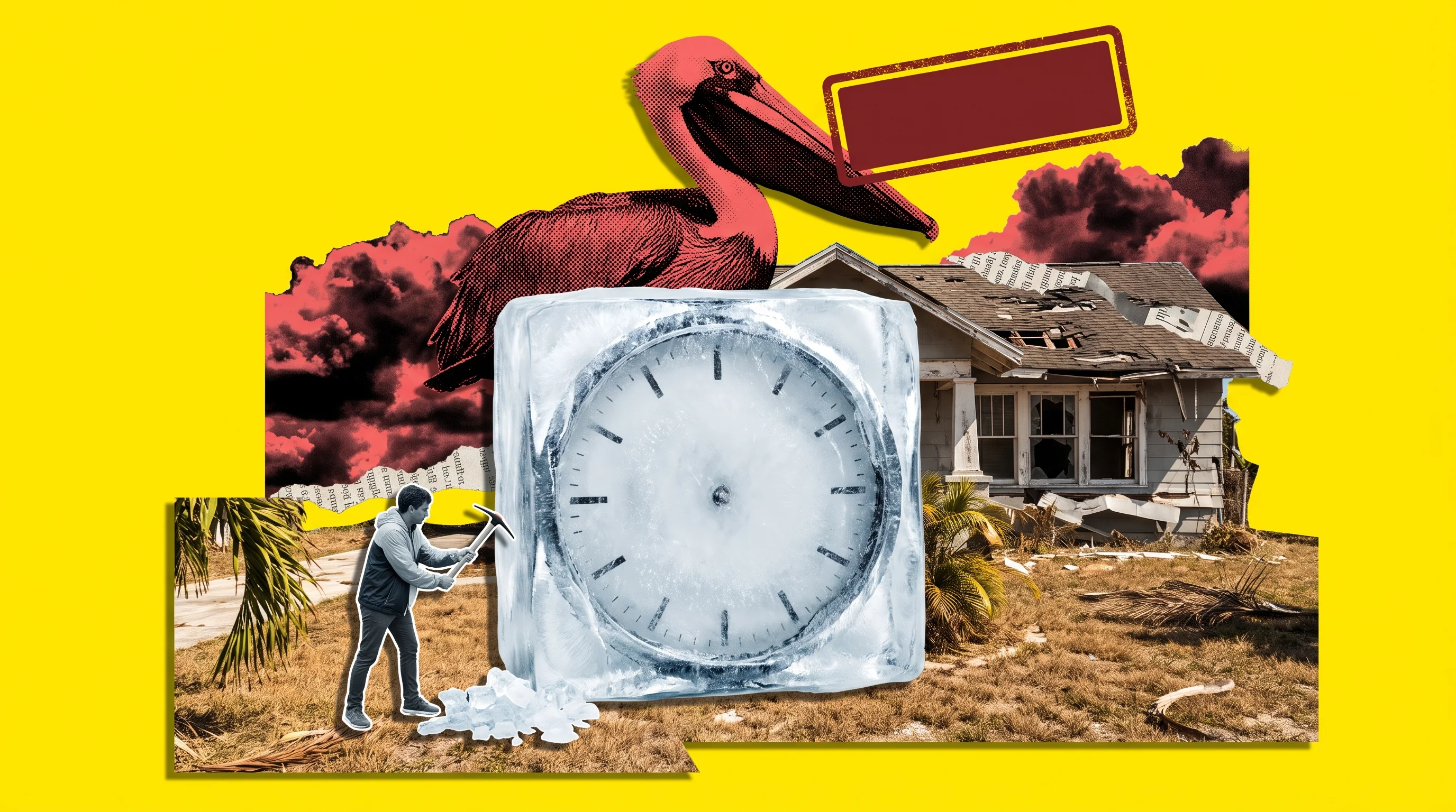 Editorial collage of a blank frozen clock sitting on a sun-bleached Fort Myers lawn in front of a storm-scarred bungalow, illustrating that Lee County assessments describe January 1