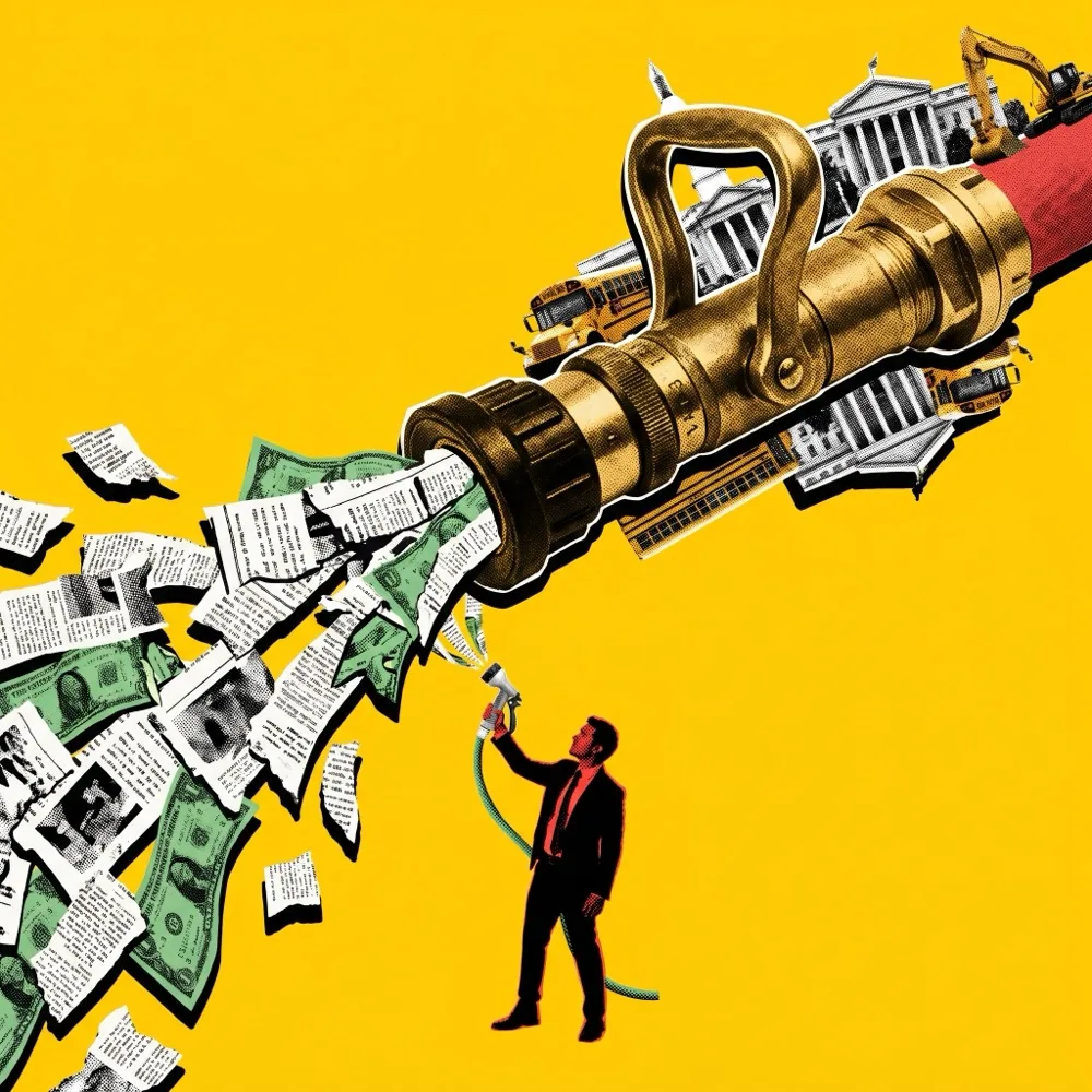 Collage of a hose built from civic buildings and school buses spraying money over a small figure