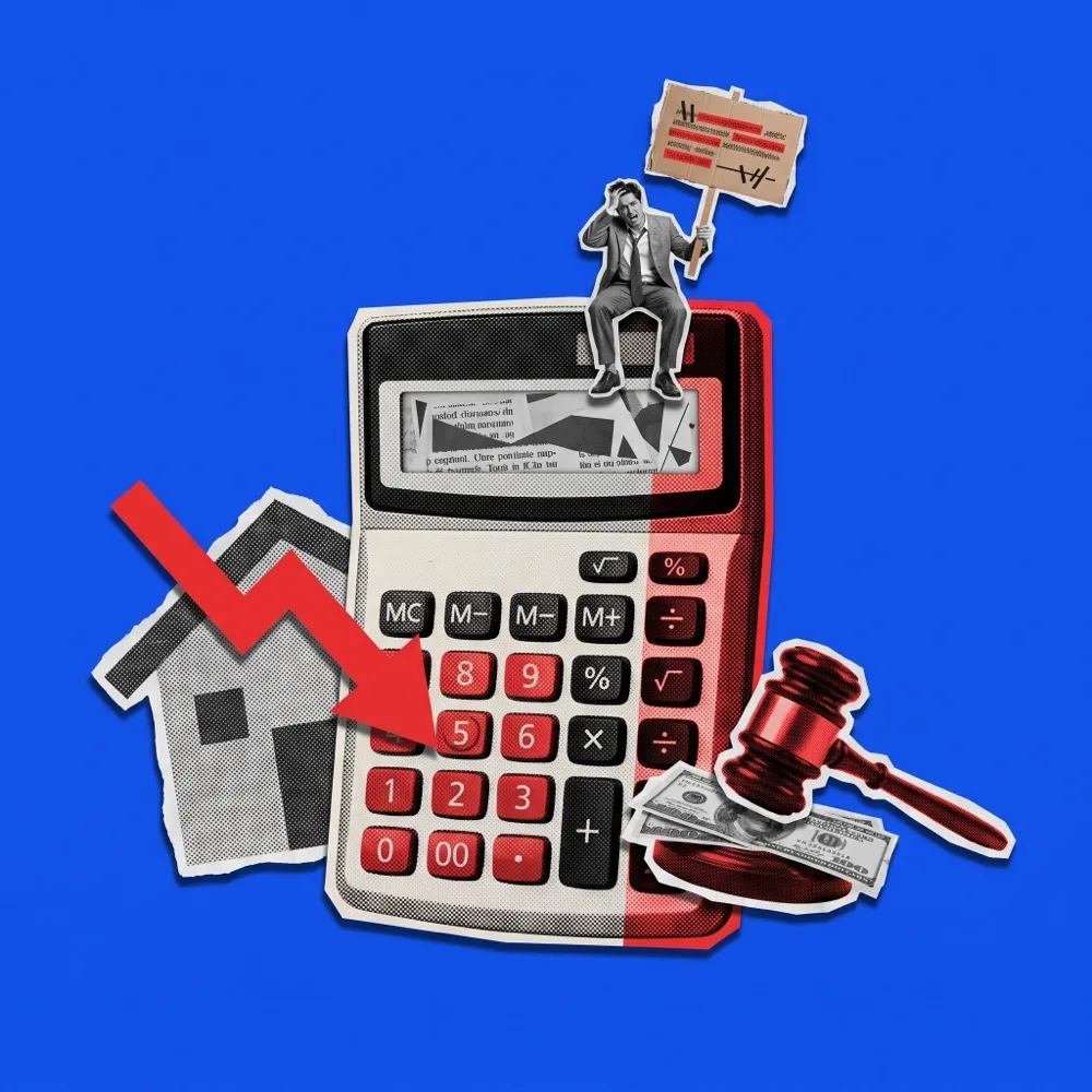 Editorial collage: an oversized calculator, a house, a gavel and cash, with a red arrow pointing down