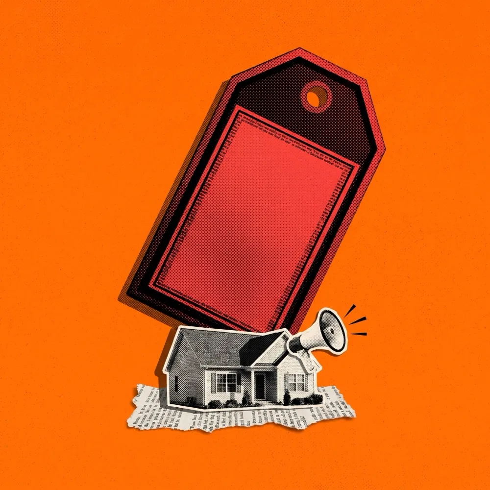 Editorial collage: a large red price tag above a small suburban house with a megaphone
