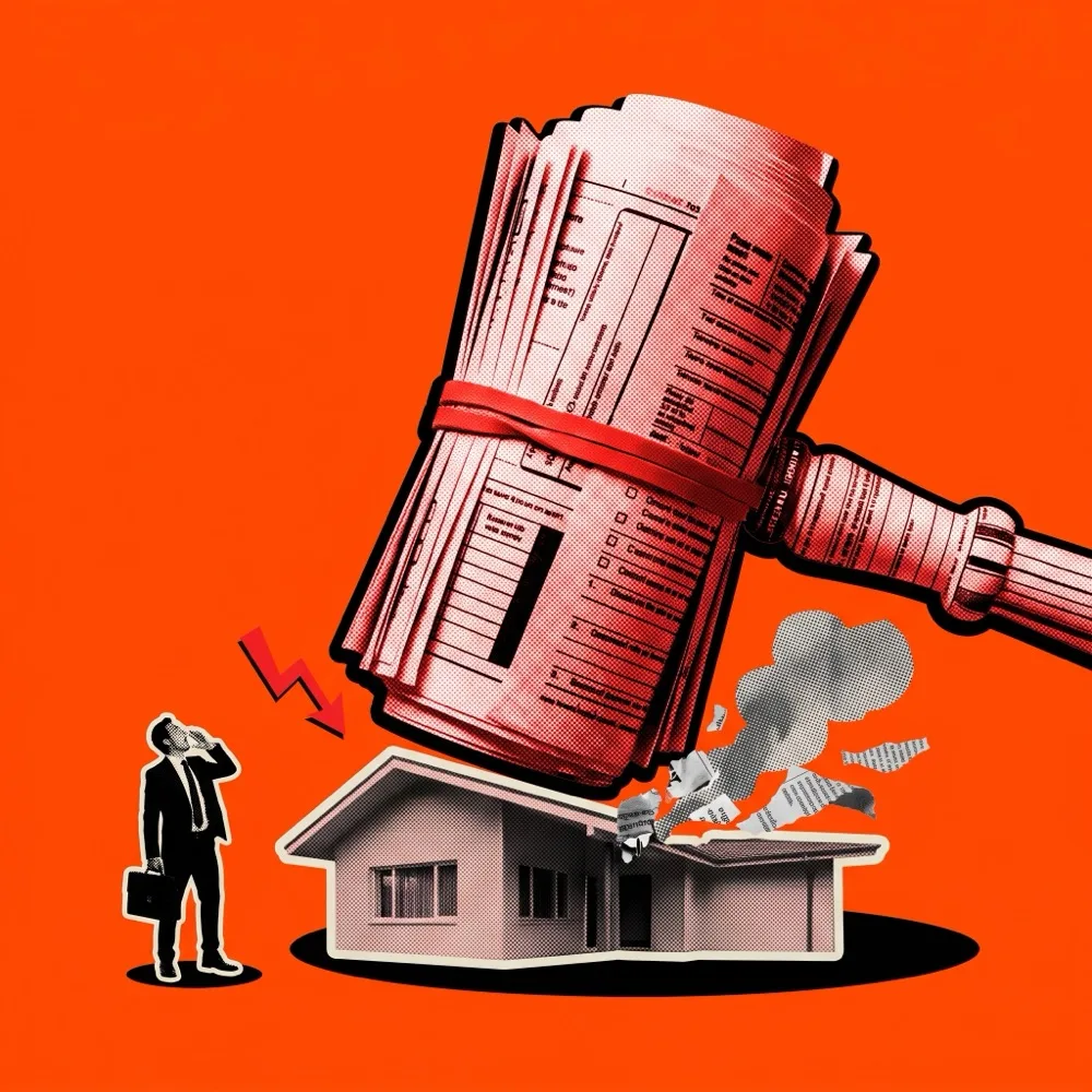 Editorial collage: an oversized rolled tax form as a gavel coming down on a small house