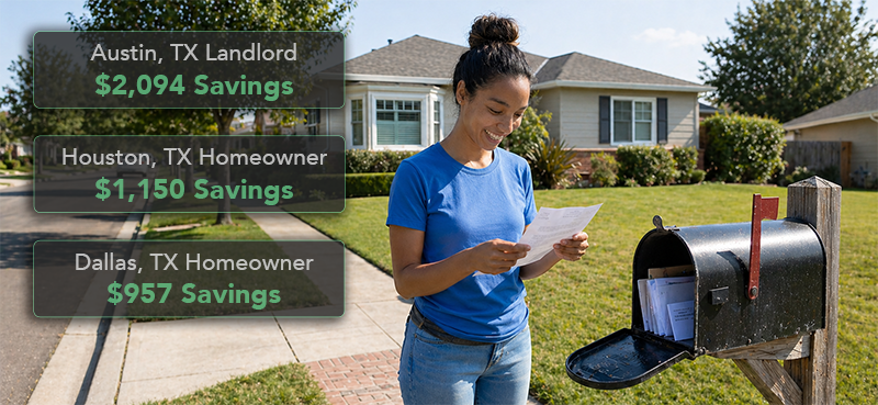 Texas homeowner reviewing a property tax bill with TaxDrop savings examples