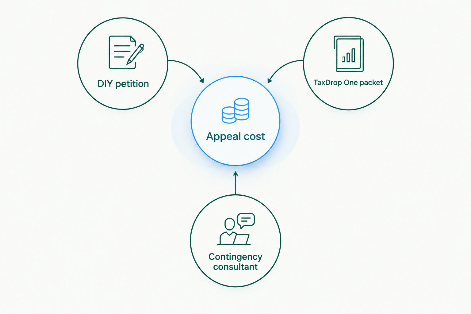 Diagram showing three property tax appeal cost paths in Florida