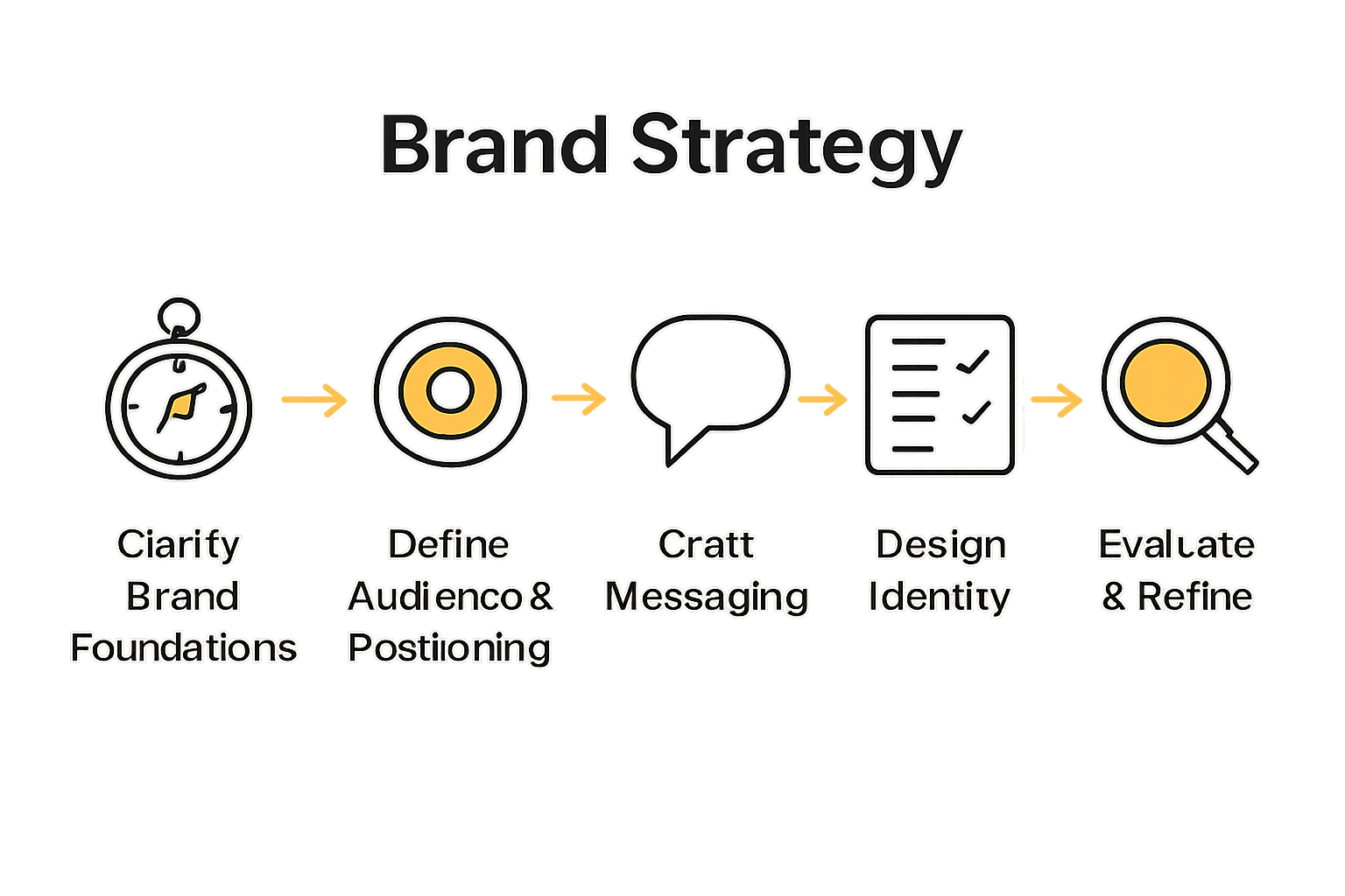 Six step brand strategy process infographic with icons