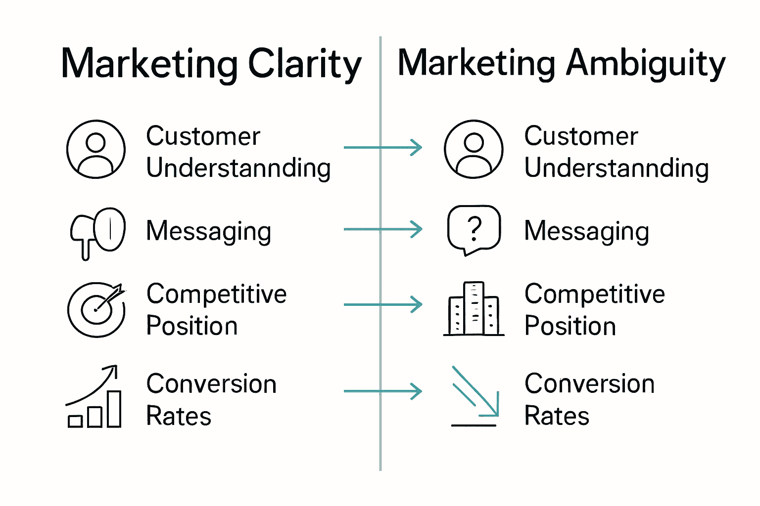 Infographic comparing marketing clarity vs ambiguity with icons and brief points
