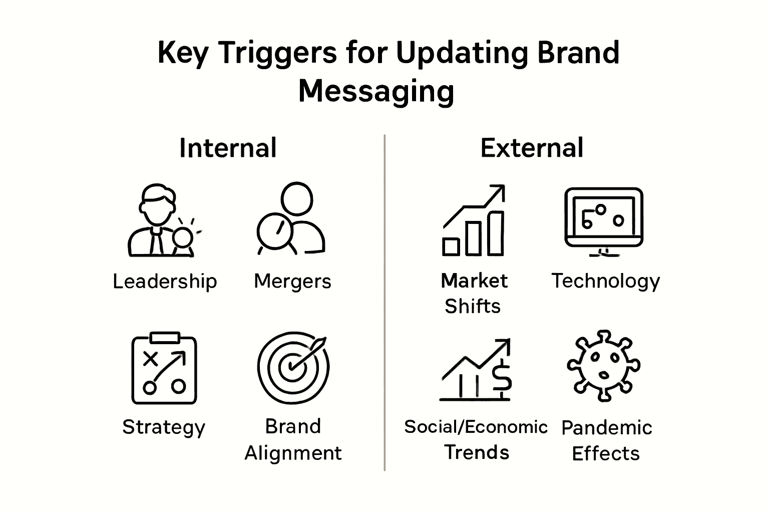 Infographic showing internal and external triggers for brand messaging updates with icons and divider.