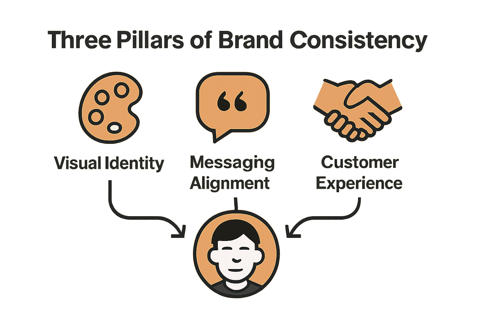 Infographic showing visual identity, messaging, and customer experience as key brand consistency elements.