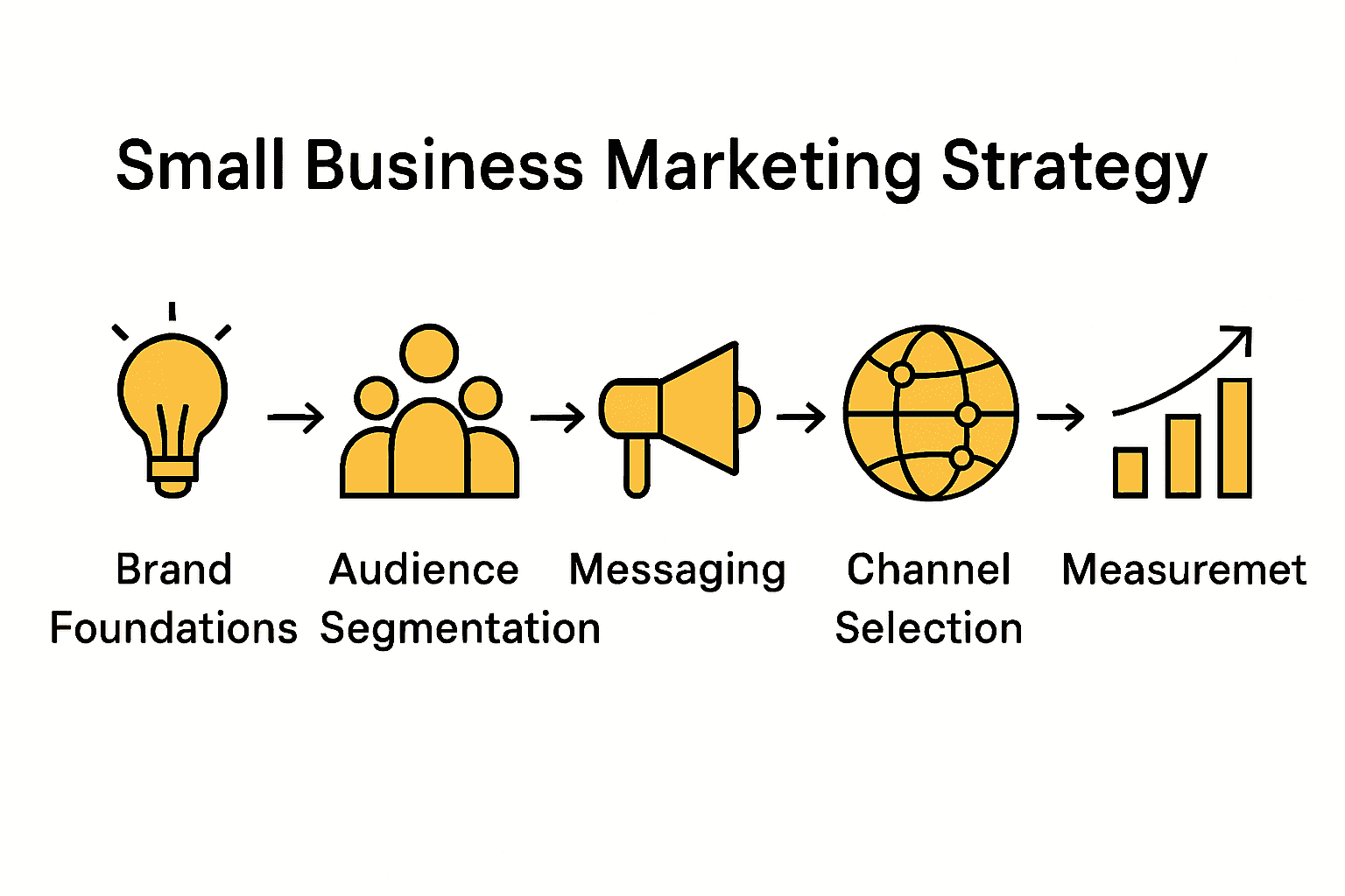 Five steps of a small business marketing strategy shown with icons