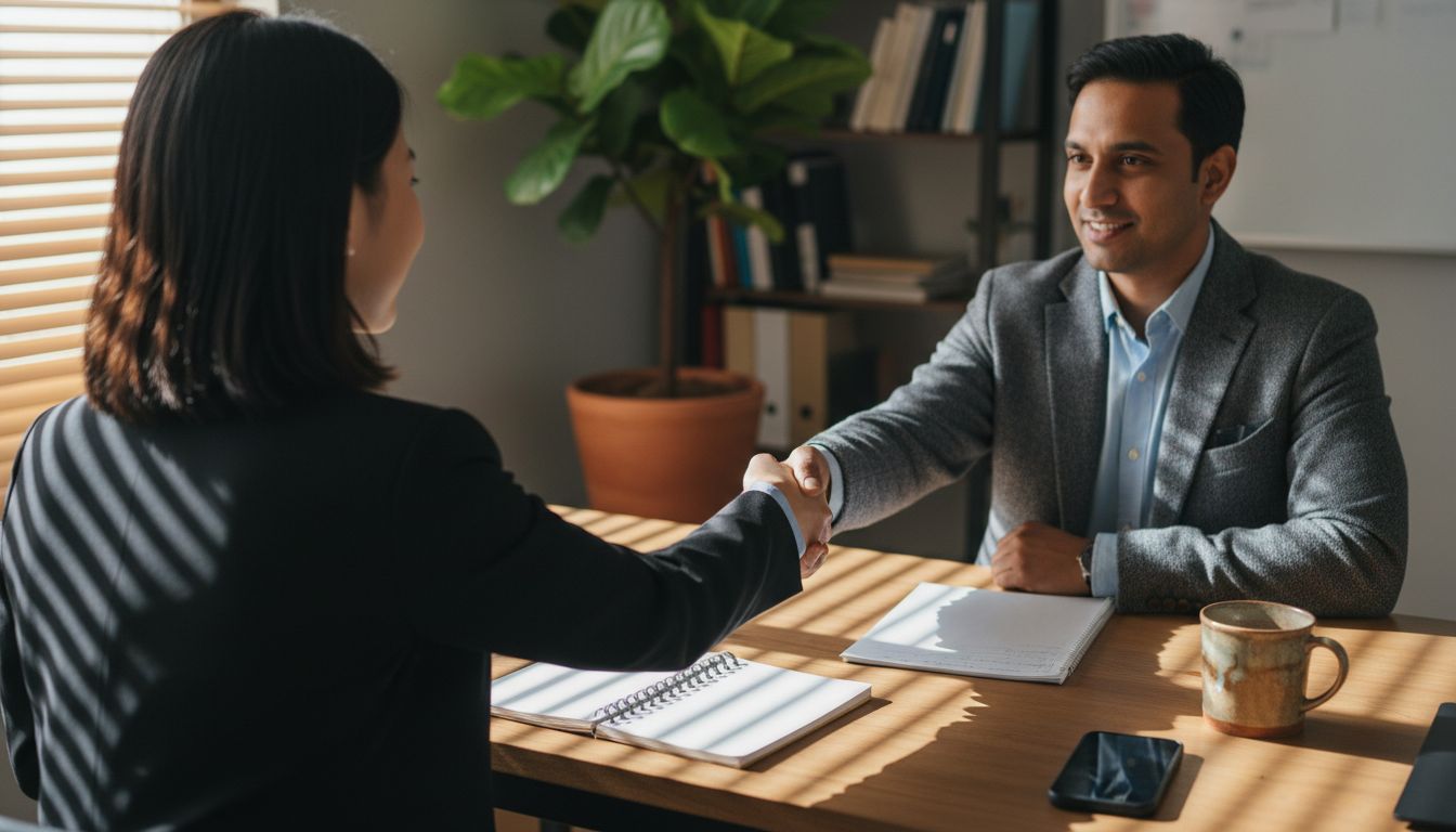 Consultant greeting client in small office