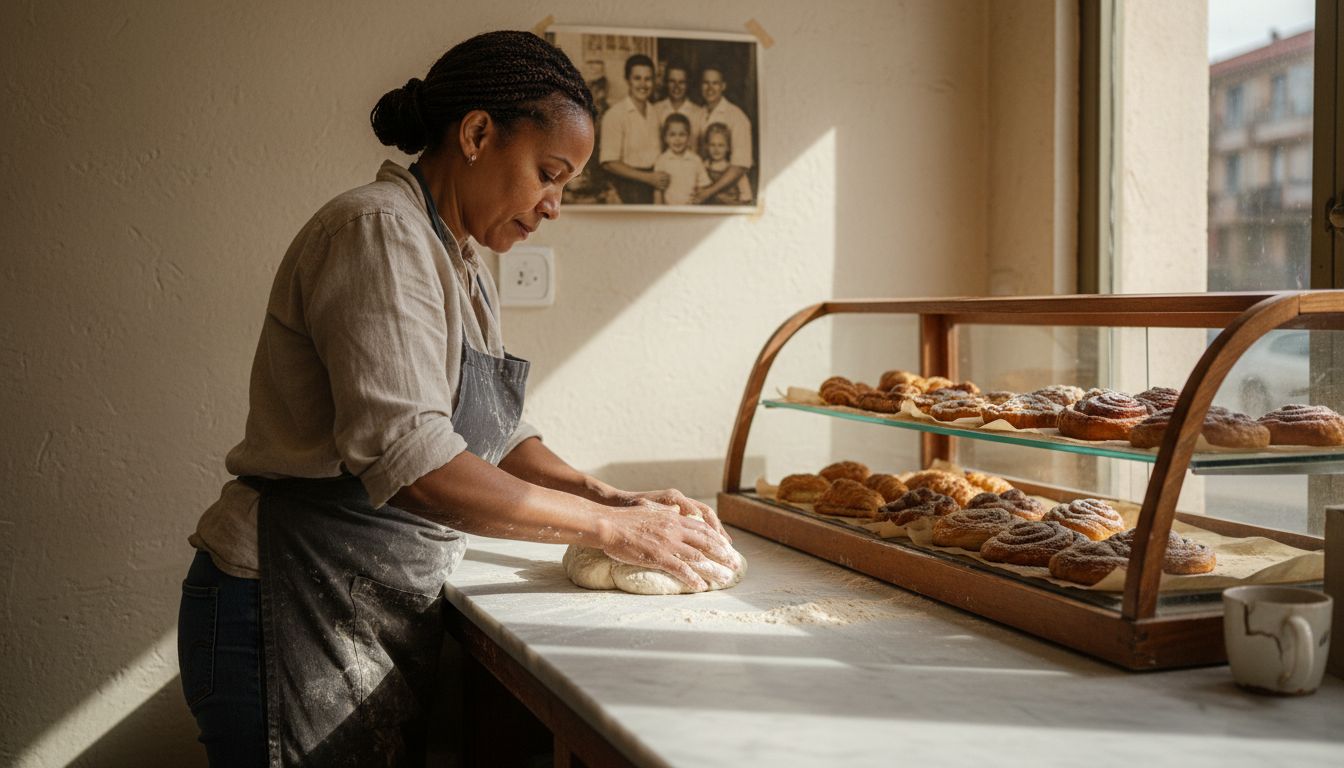 Family bakery owner kneading dough by window