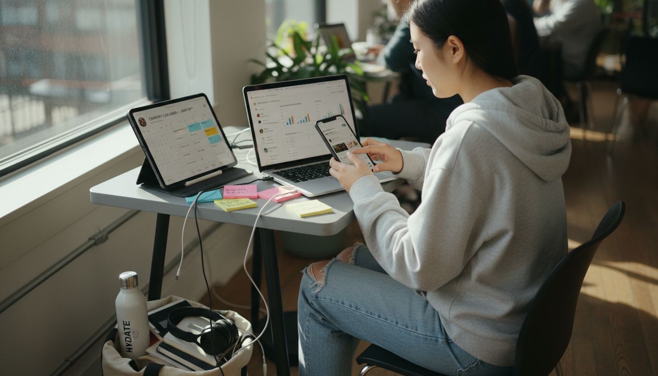 Social media manager working at cluttered desk