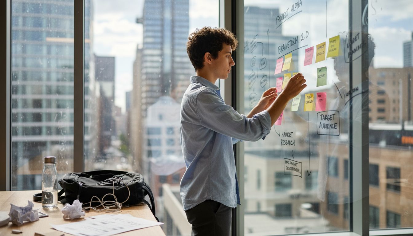 Brainstorming brand identity with whiteboard notes