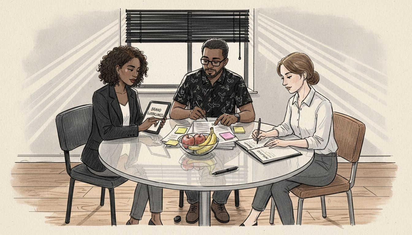 Group reviewing branding strategies in meeting