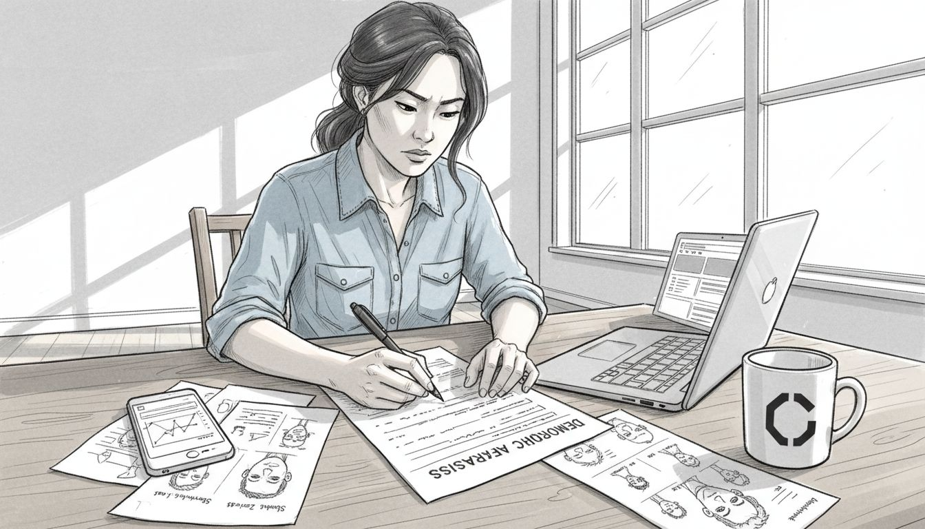 Woman researching brand audience at home table