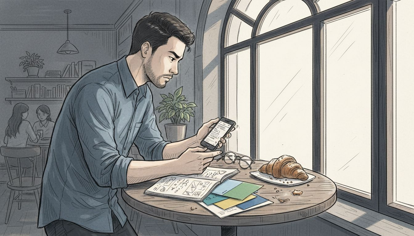 Entrepreneur comparing marketing brochures in cafe