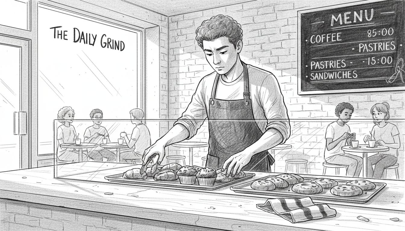 Cafe owner arranging pastries, showing brand identity