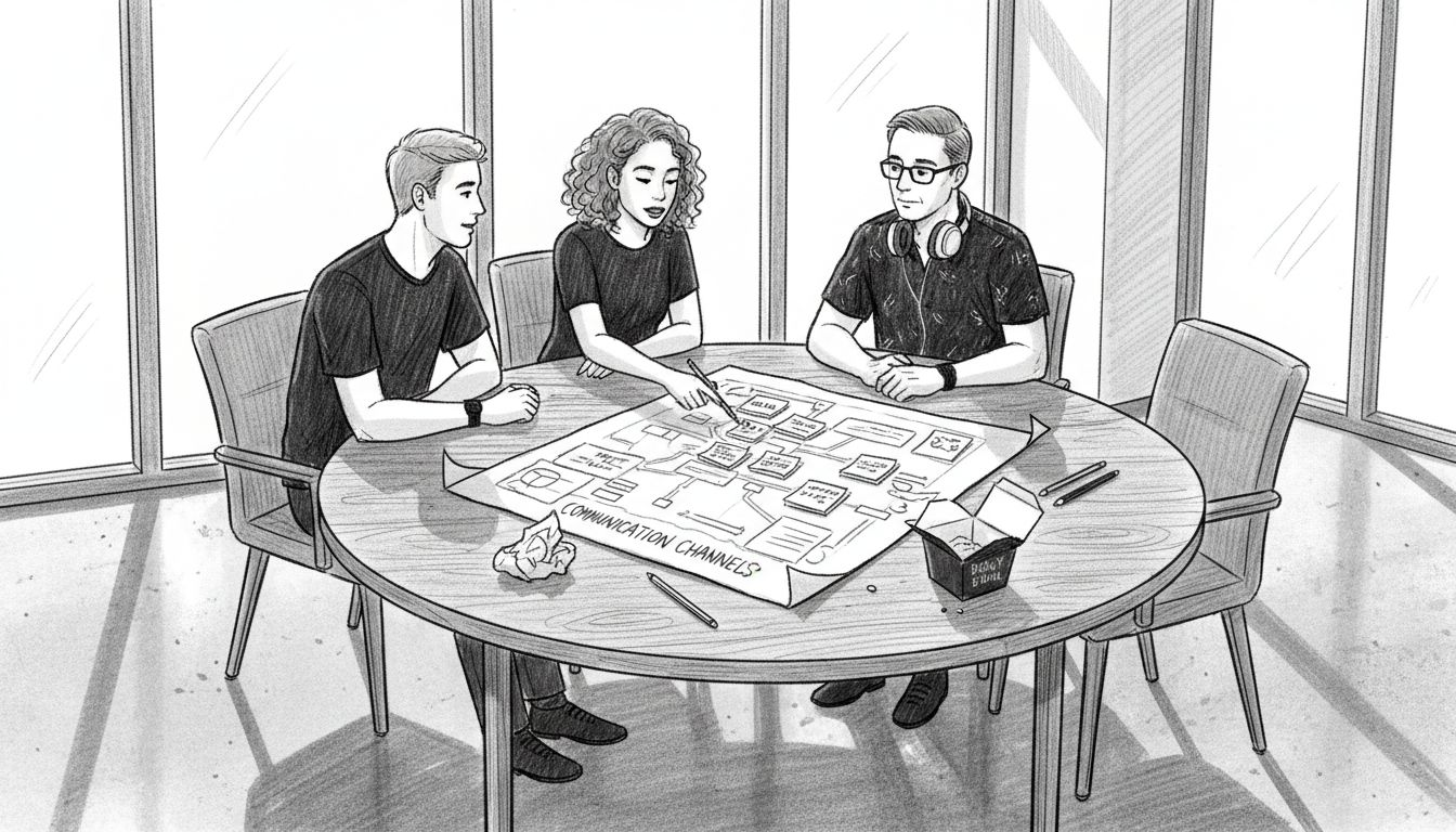 Team discussing communication channels at meeting table