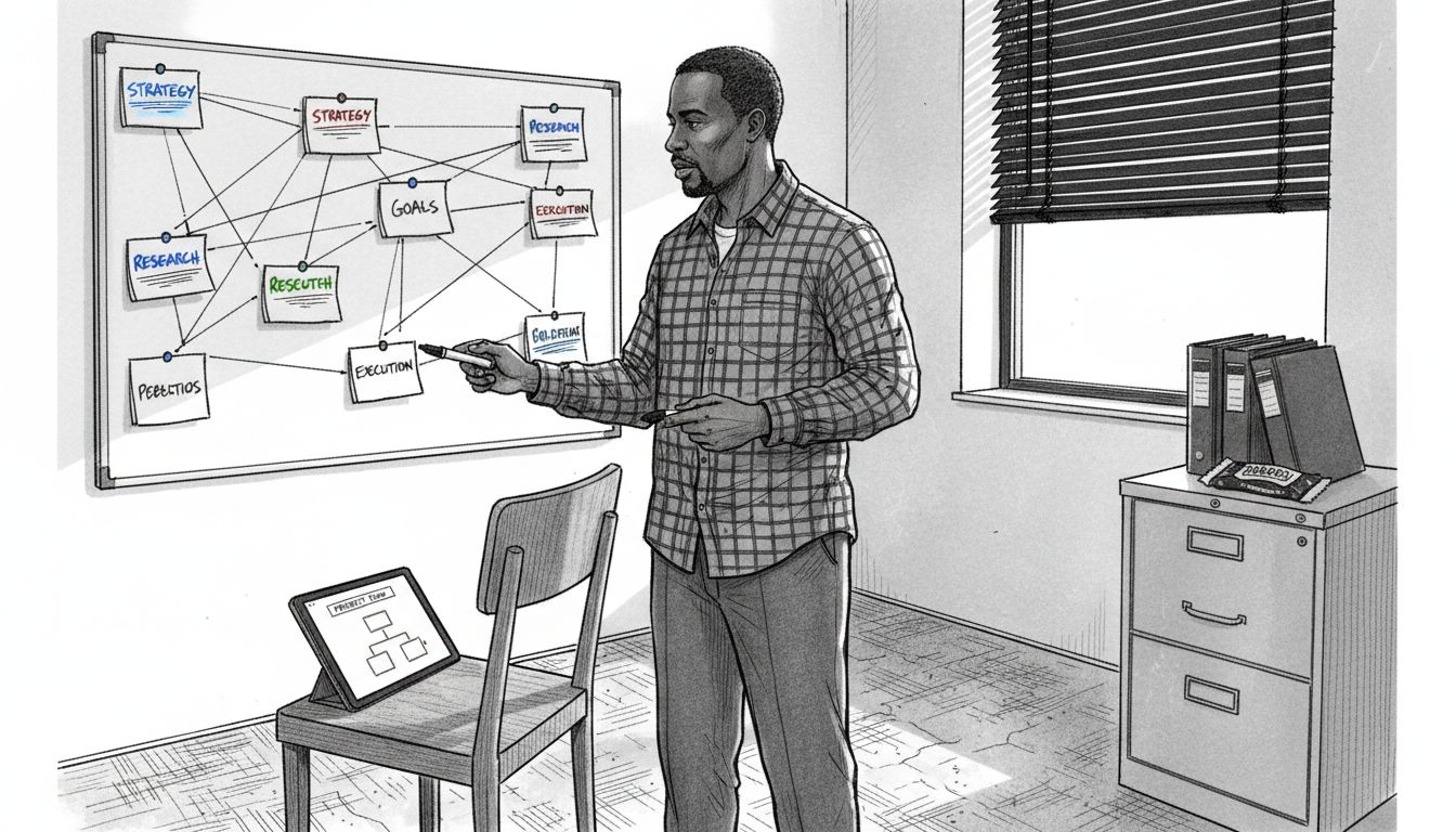 Man linking content goals on office whiteboard