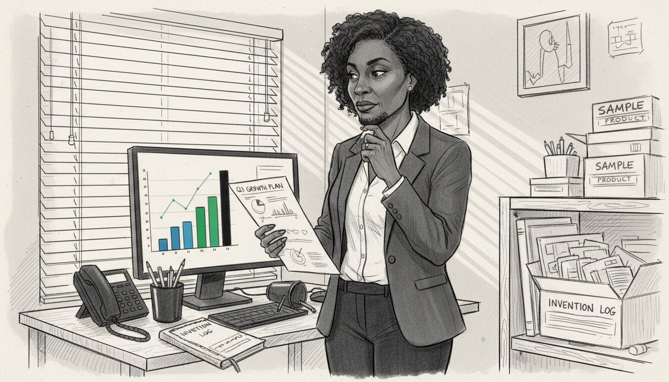 Business owner reviews marketing strategy sheet