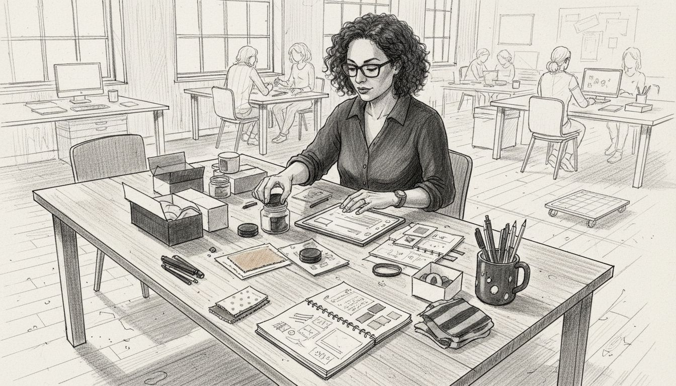 Designer reviewing product branding samples