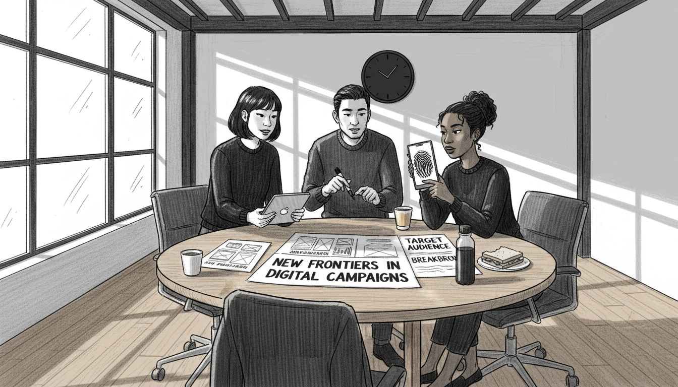 Team reviewing campaign strategy materials