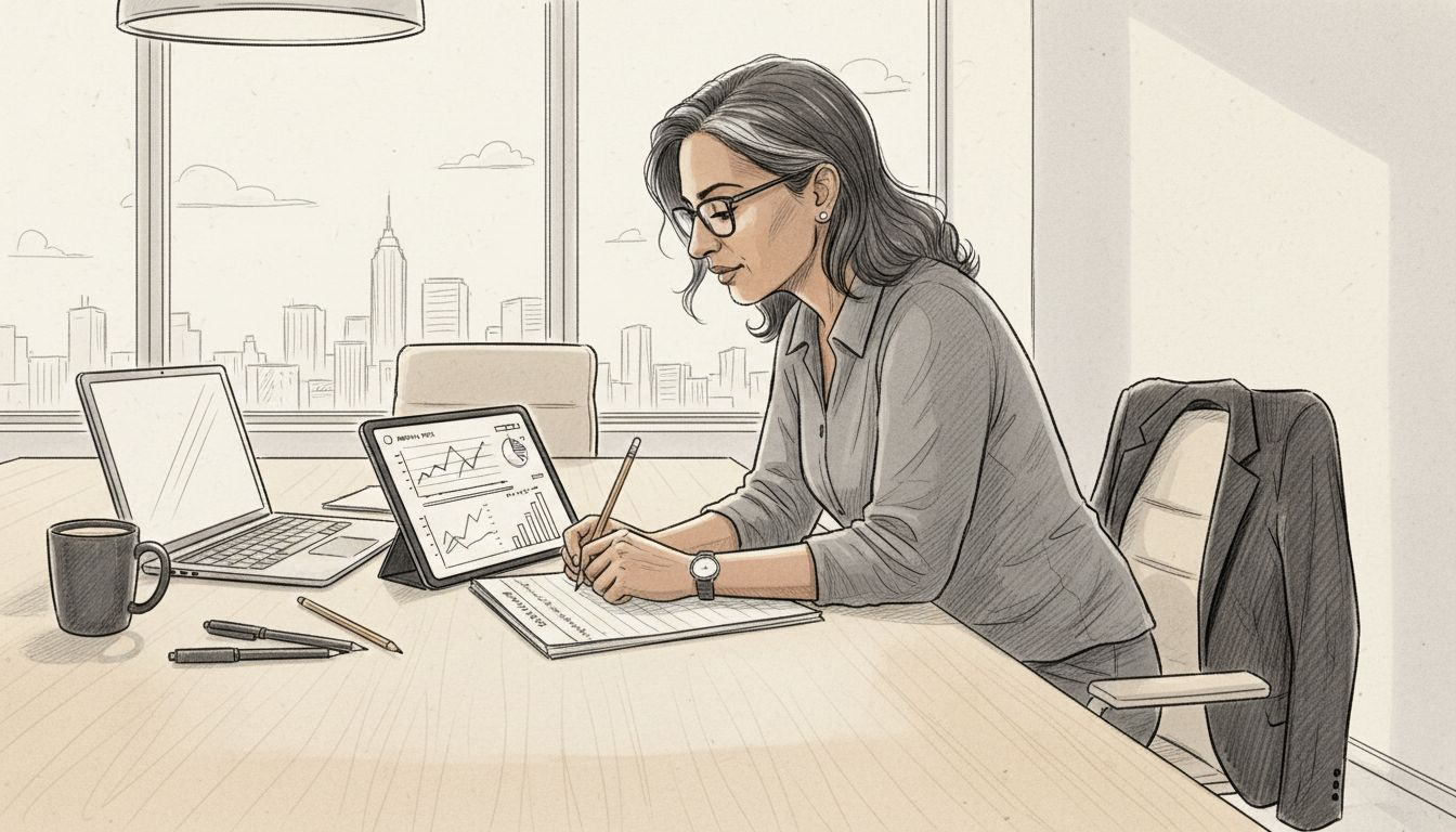 Strategist planning at meeting table with notes