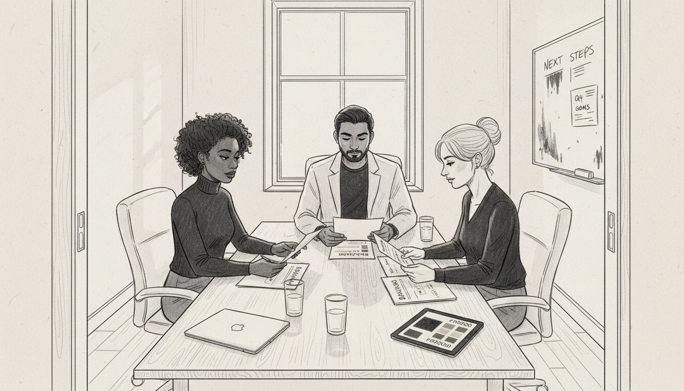 Team reviewing brand strategy documents