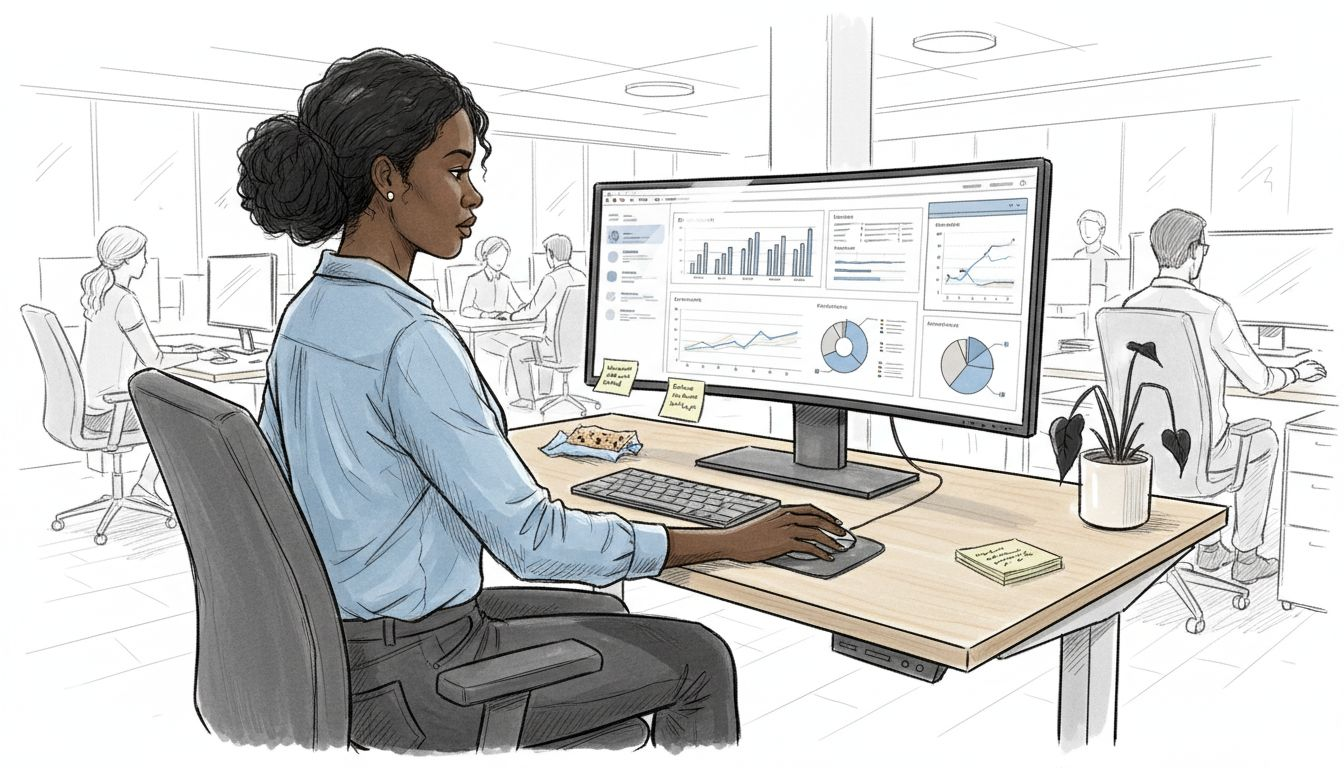 Analyst scrolling data dashboard at standing desk