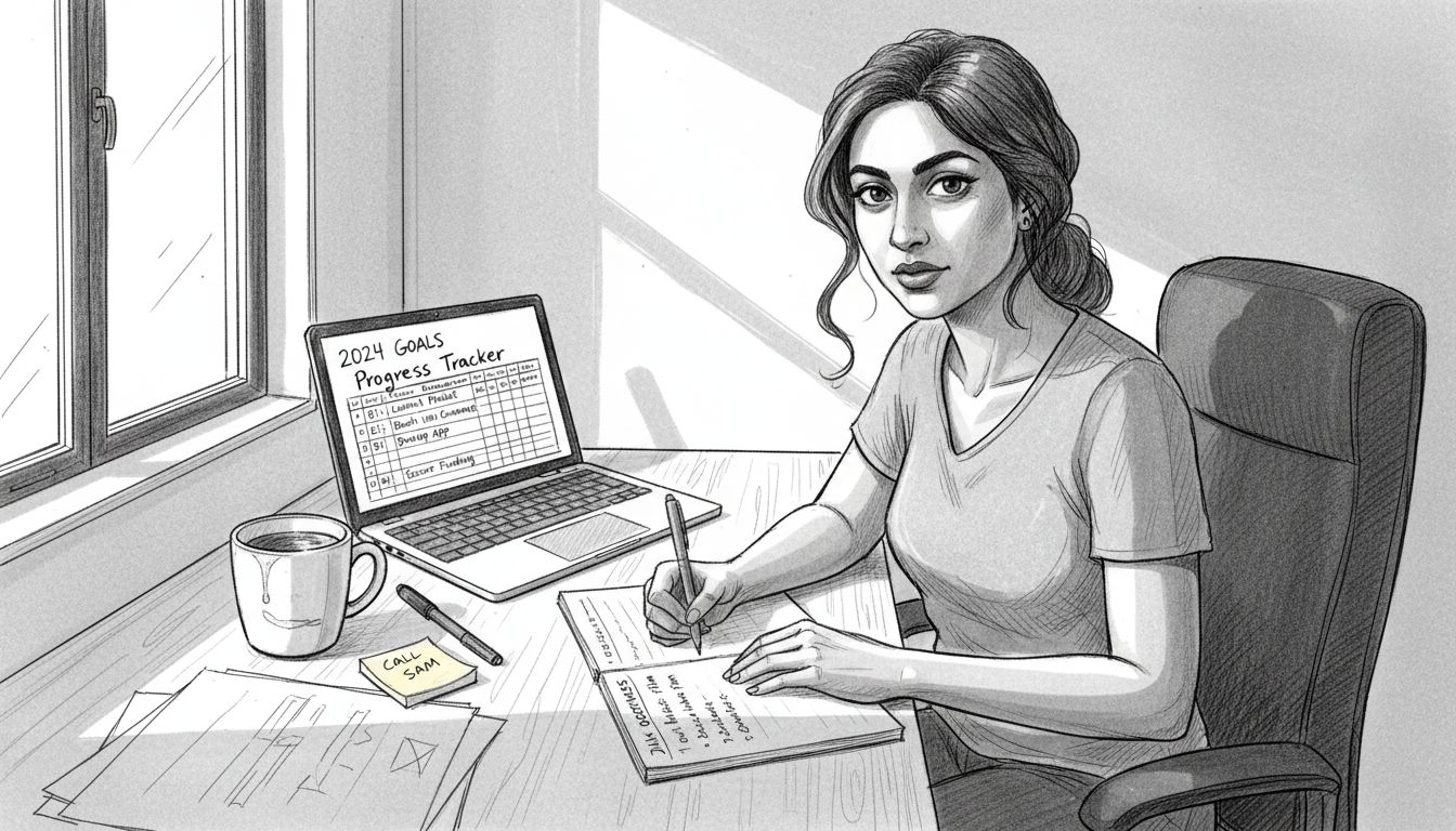 Entrepreneur writing business goals at desk