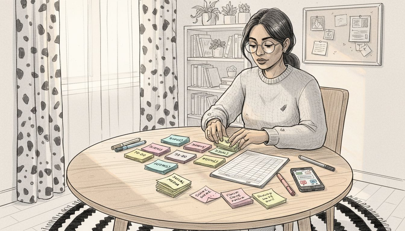 Business owner sorting content strategy cards