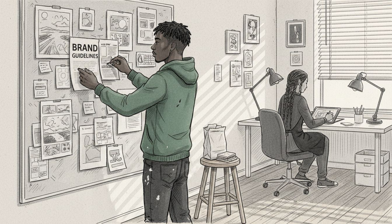 Designer pinning visual identity guides in studio