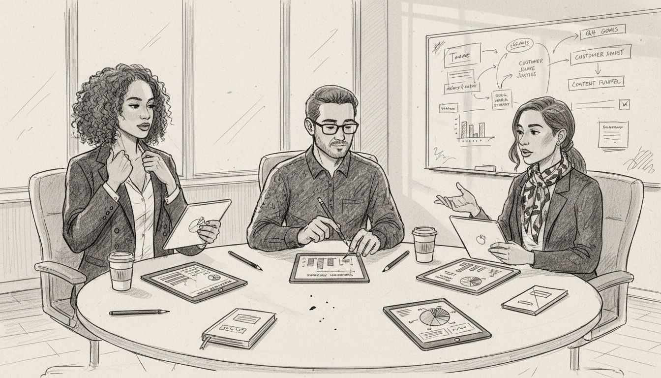 Small team discussing marketing channels