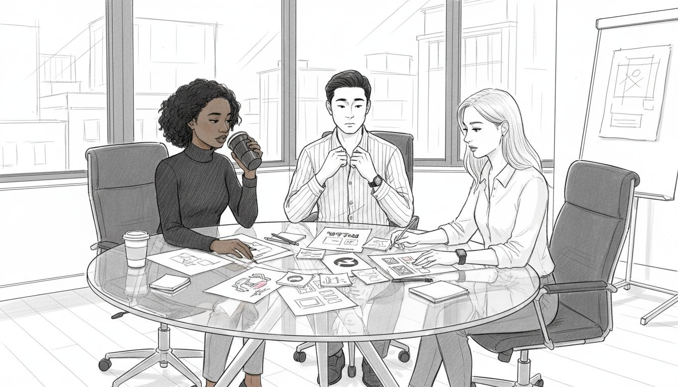 Marketing team discussing brand element sketches