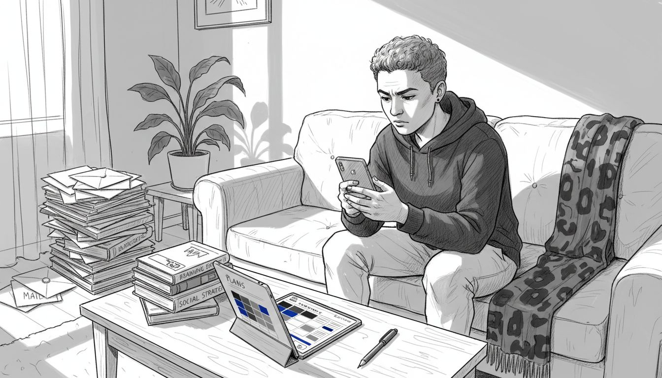 Content creator reviewing messaging strategy on couch