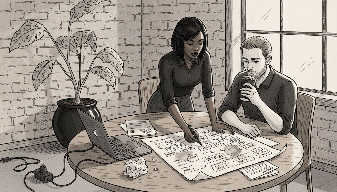 Consultants discuss strategy canvas at coworking table