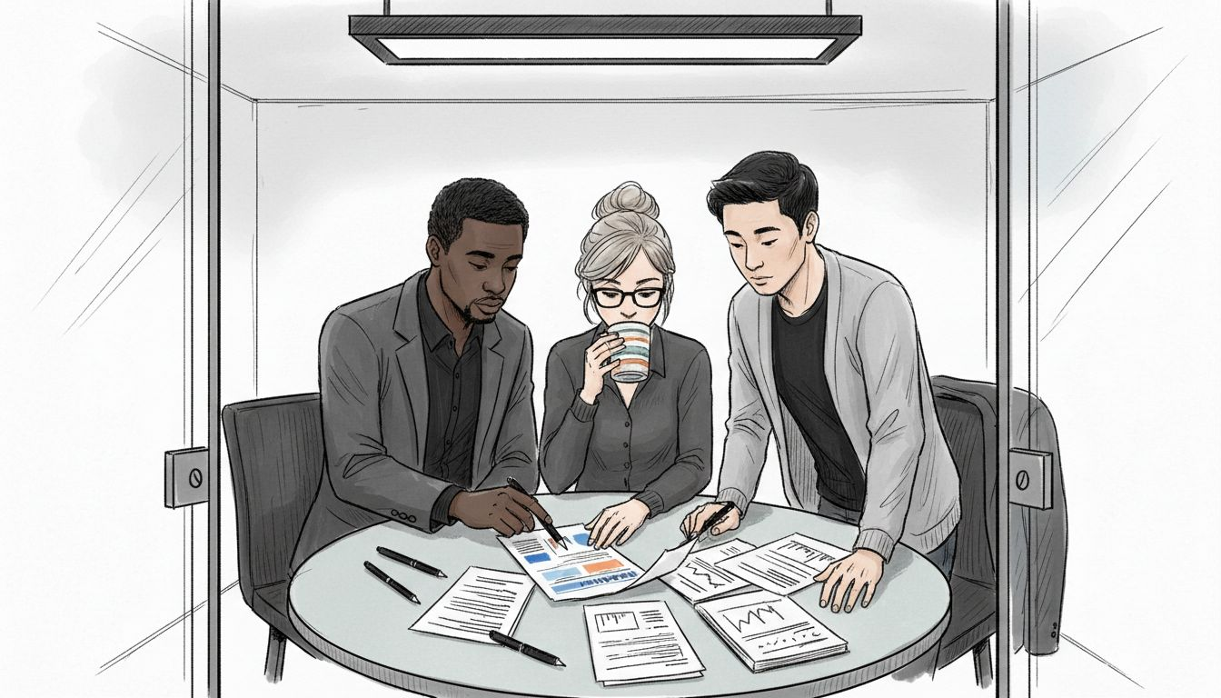 Startup team discusses branding in meeting room