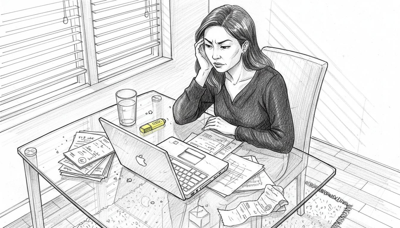 Entrepreneur reviewing marketing expenses at table