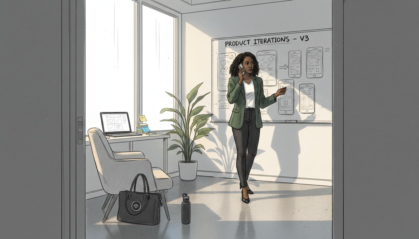 Founder adjusts strategy by whiteboard in office