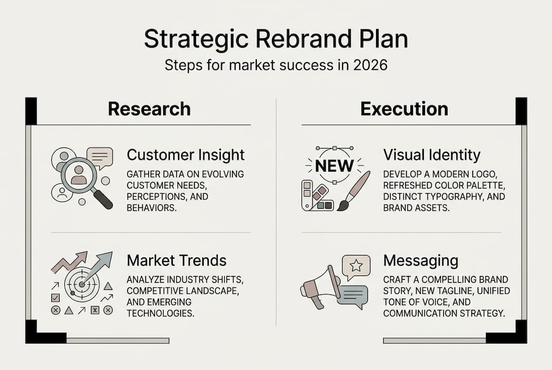 Infographic outlining strategic rebrand steps