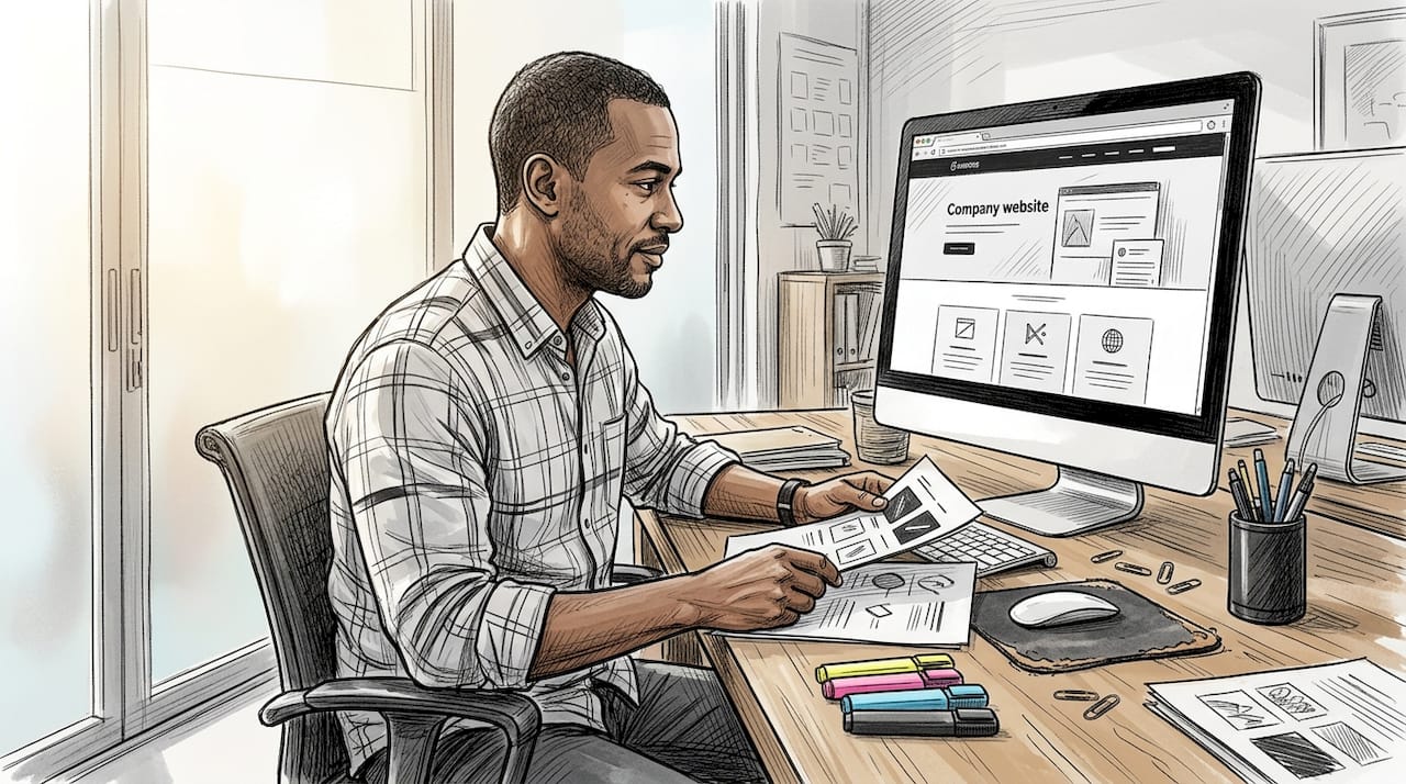 Man comparing website and brand printouts at desk