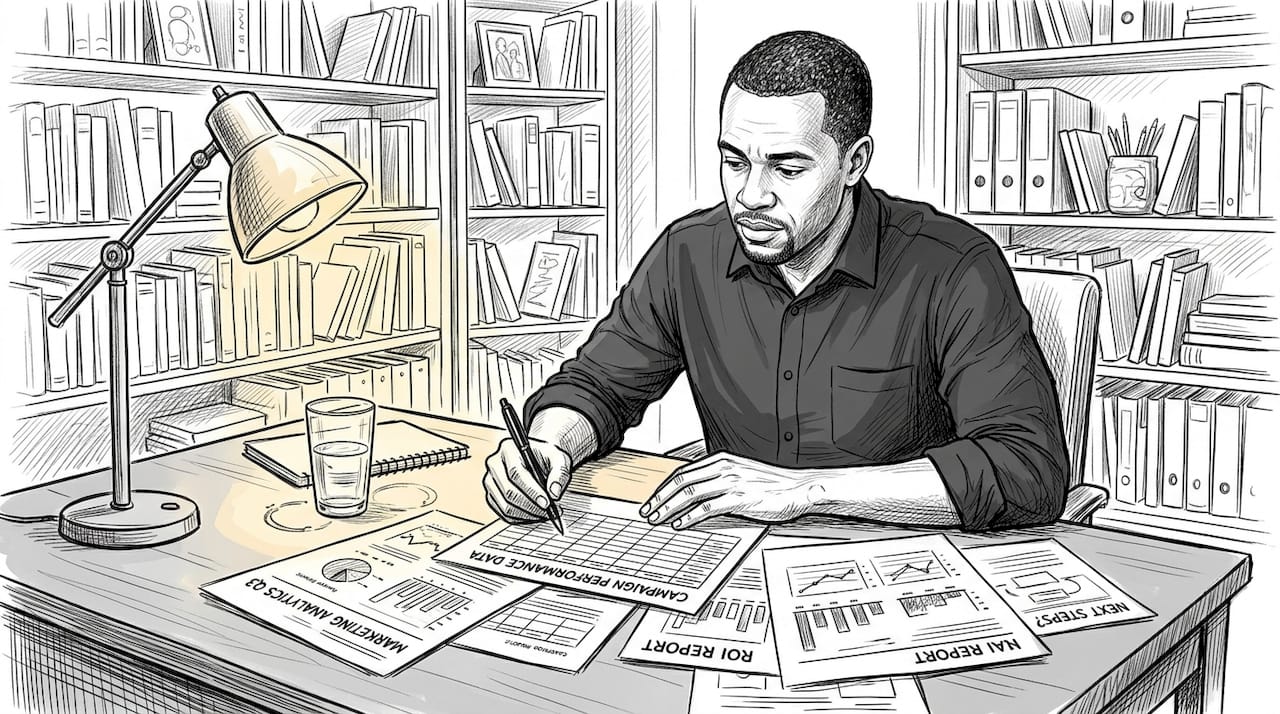 Business owner reviewing marketing reports