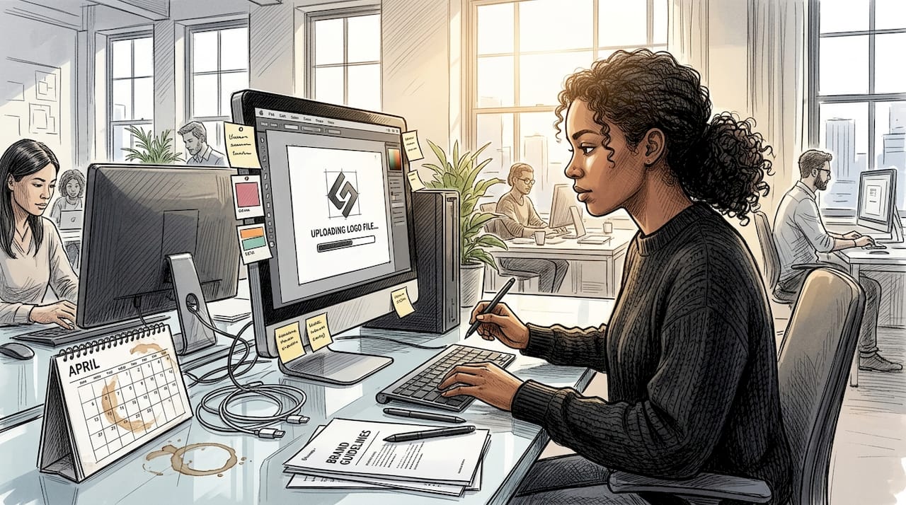 Coordinator aligning brand visuals at desk