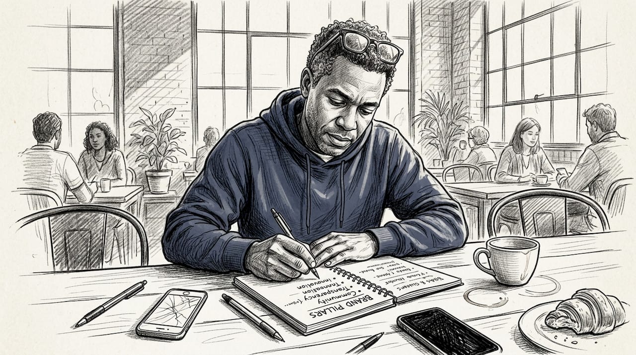 Founder planning brand pillars at café table