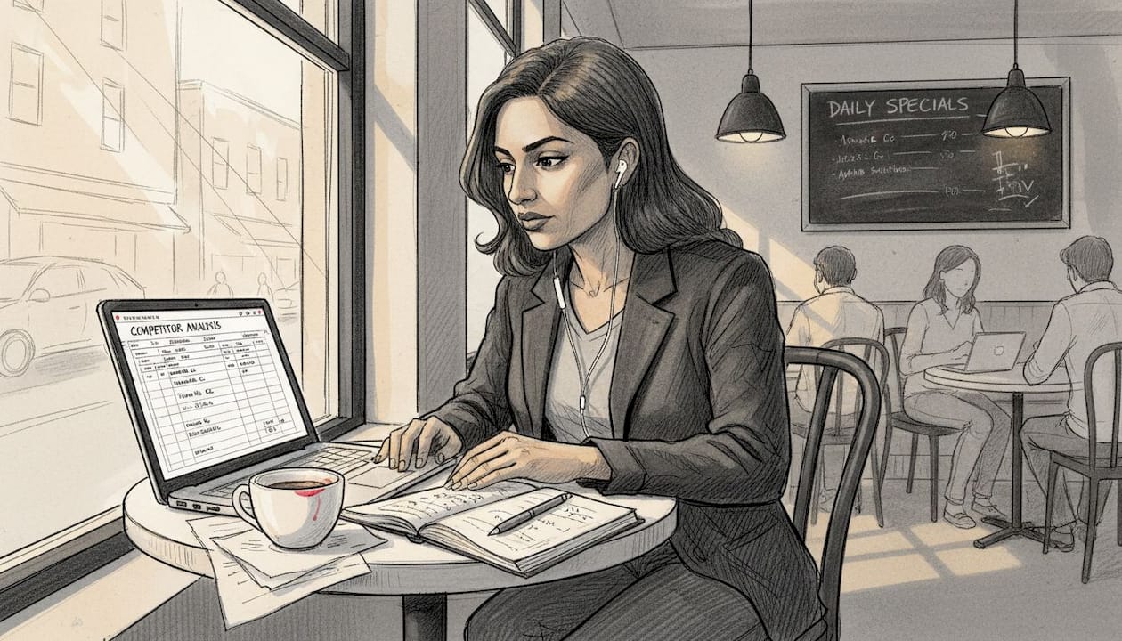 Entrepreneur researching competitors in café setting