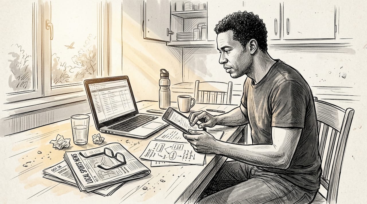 Coach reviewing messaging at kitchen table