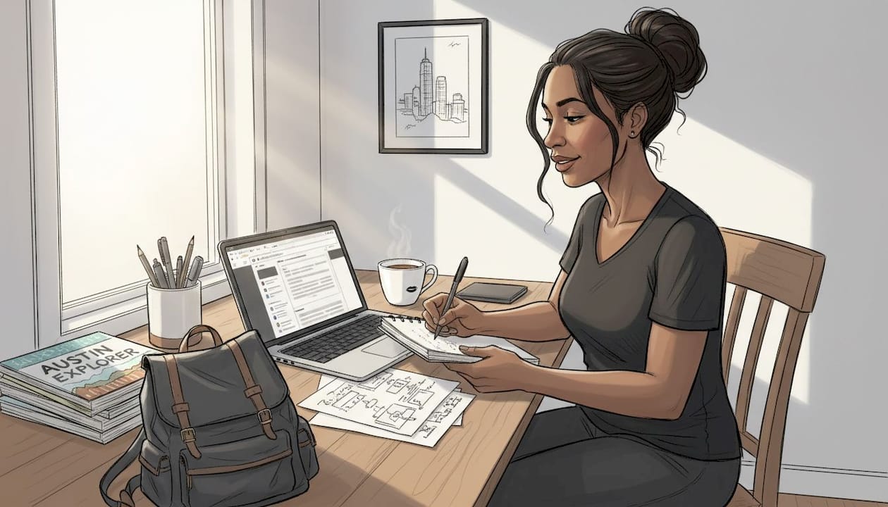 Marketer at cluttered home desk with city guides