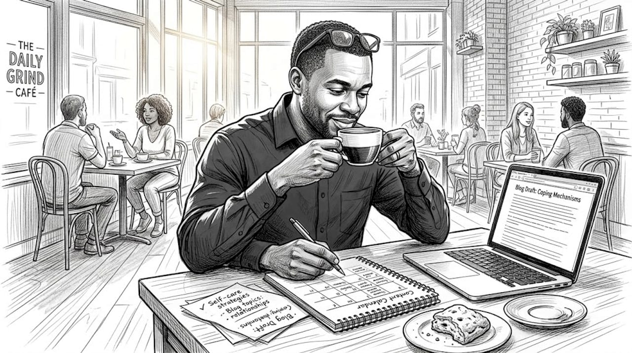 Therapist planning content in café workspace