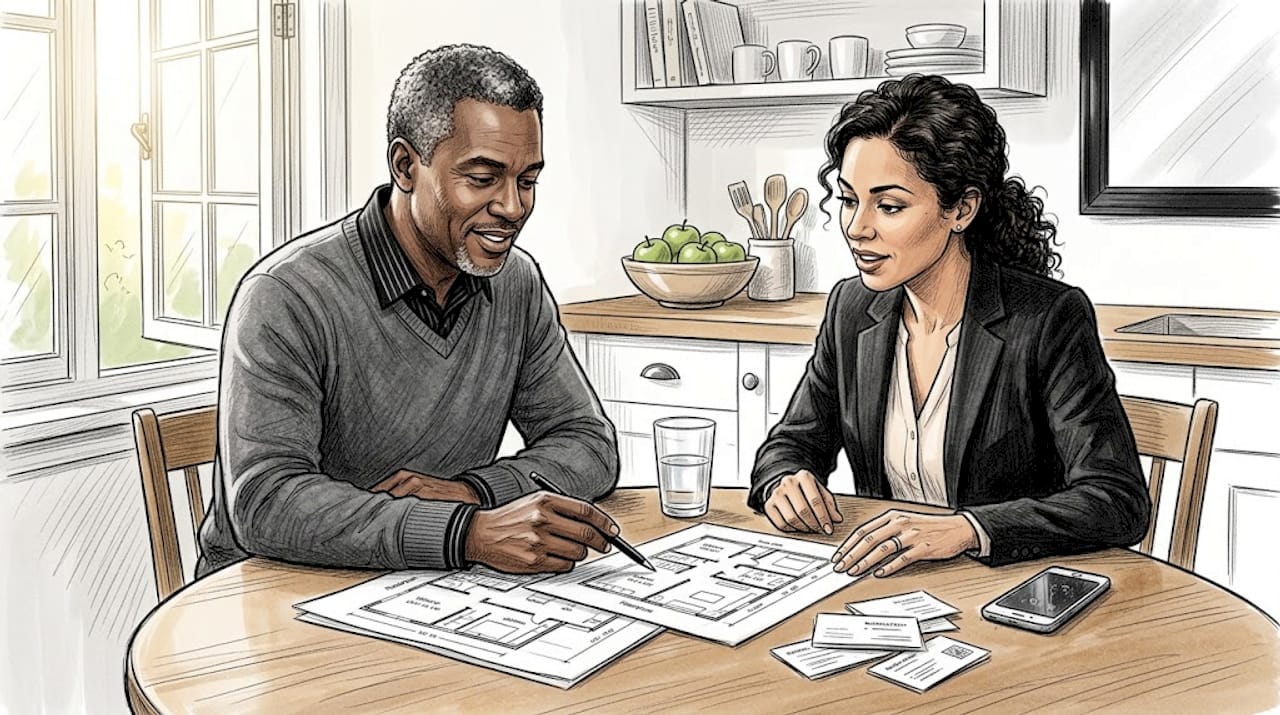 Designer and realtor reviewing floorplans together